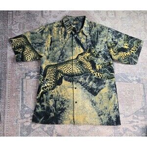 Y2K Cheetah Graphic Button Up Safari Streetwear Statement Shirt Size L